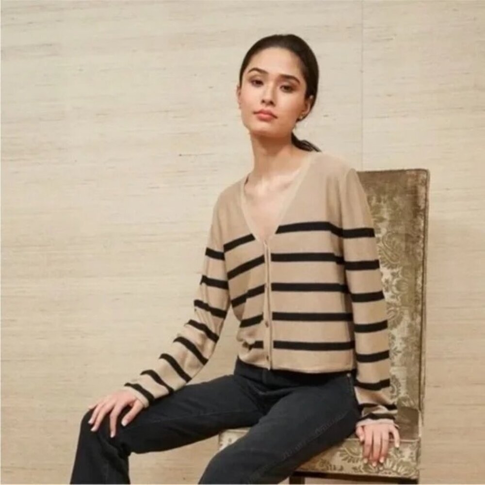 La Ligne Serge Striped Cardigan Sweater Tan Black Size Medium